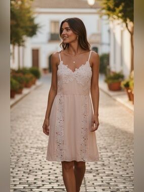 Esley Blush Floral Lace Slip Dress Sleeveless Medium Boho Romantic Cotton Silk
